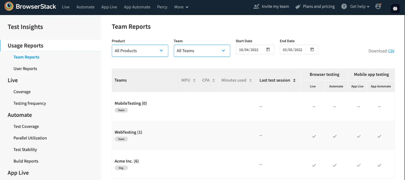 Browserstack dashboard