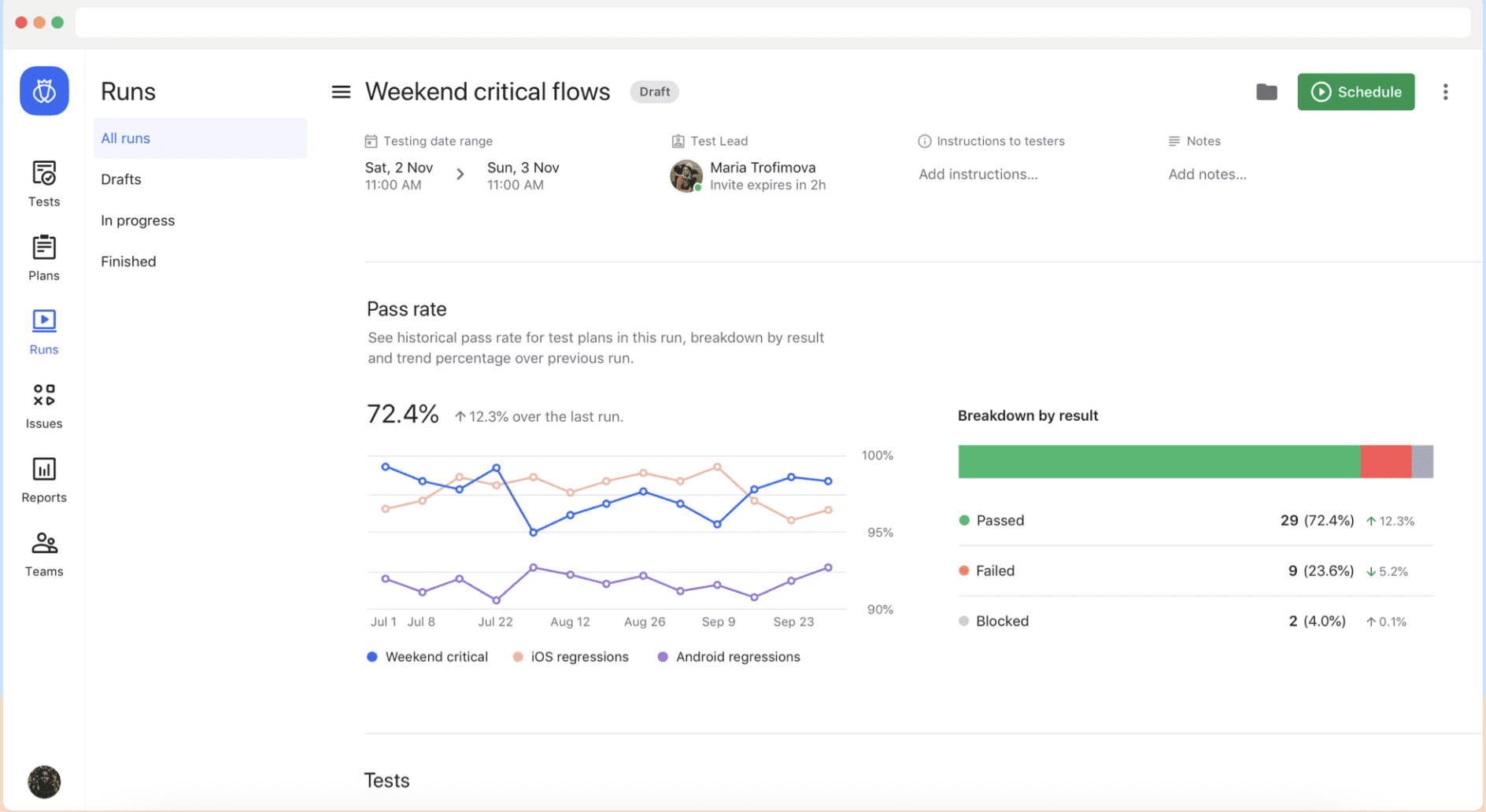 software functional testing test management platform run example from Testlio
