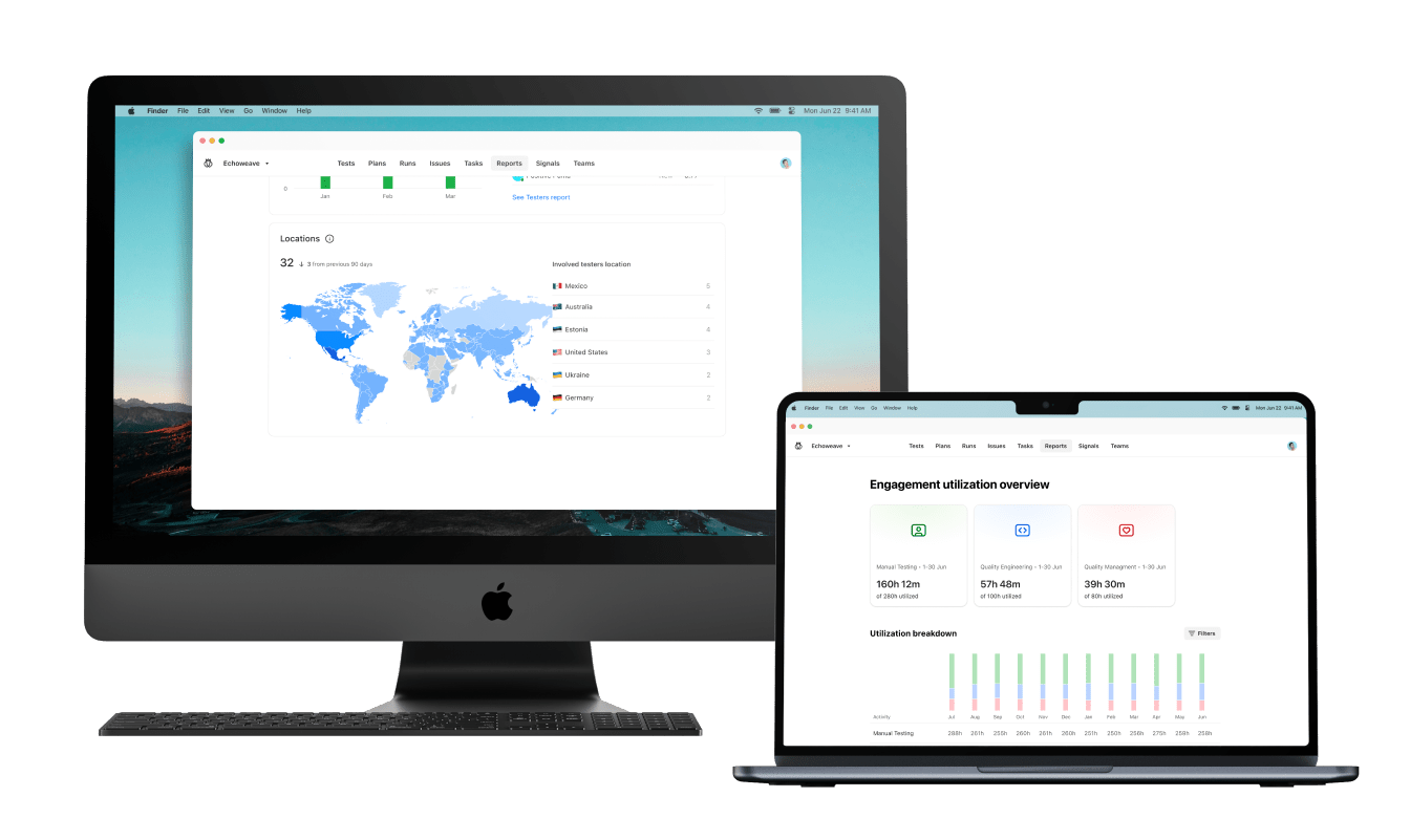 Laptop and monitors show Testlio platform stills