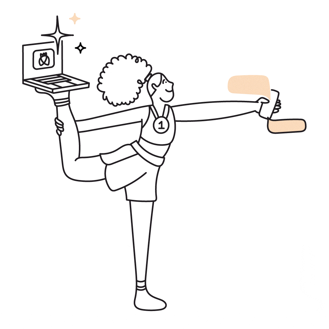 Illustration of a smiling person in athletic attire performing a balancing pose. They are holding a laptop with a bug icon on their raised foot and a smartphone with a chat bubble in their outstretched hand. The person is wearing a medal with the number 