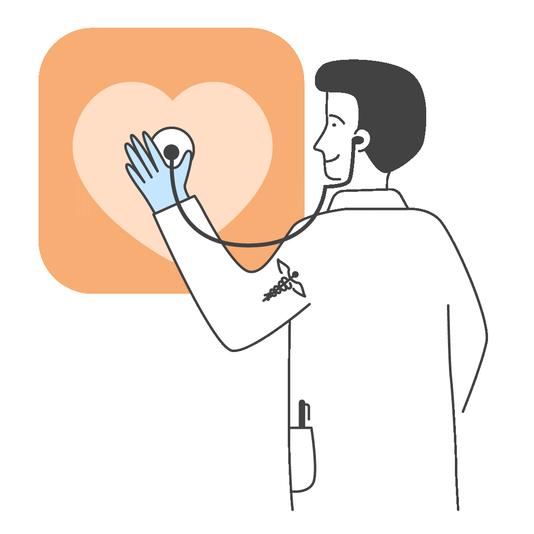 Stylized illustration of a doctor using a stethoscope to examine a glowing heart symbol, representing a health app