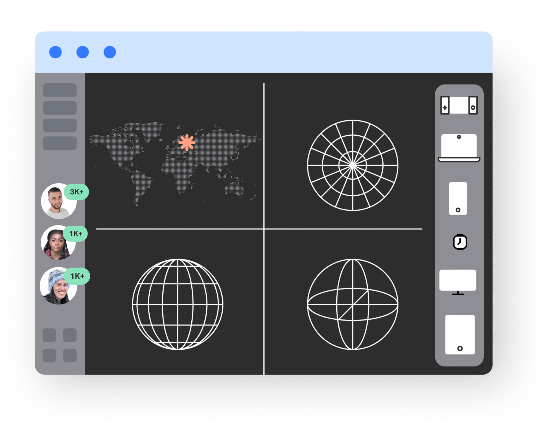 Illustration of a digital dashboard interface displaying four different globe wireframe views and a world map with a marked location. The left sidebar shows three user avatars with green badges labeled 