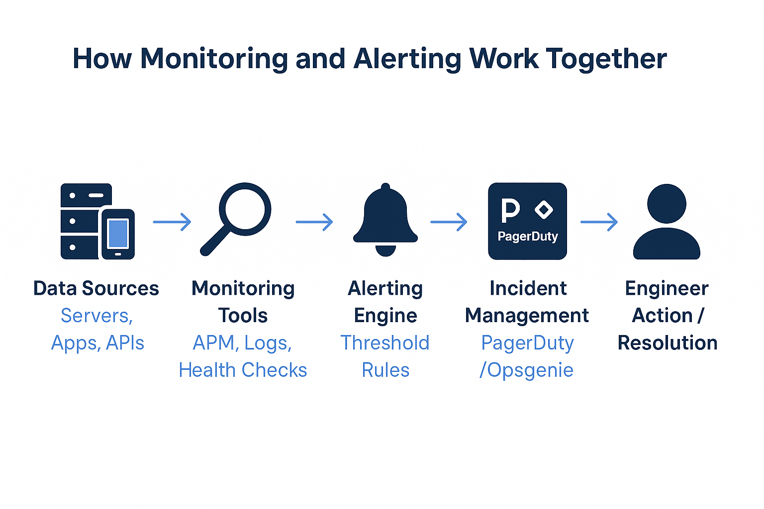 Illustration titled “How Monitoring and Alerting Work Together” showing a left-to-right flow: data sources (servers, apps, APIs) feed monitoring tools (APM, logs, health checks), which trigger an alerting engine based on threshold rules, then pass incidents to an incident-management platform (PagerDuty or Opsgenie), ending with an engineer taking action to resolve the issue.