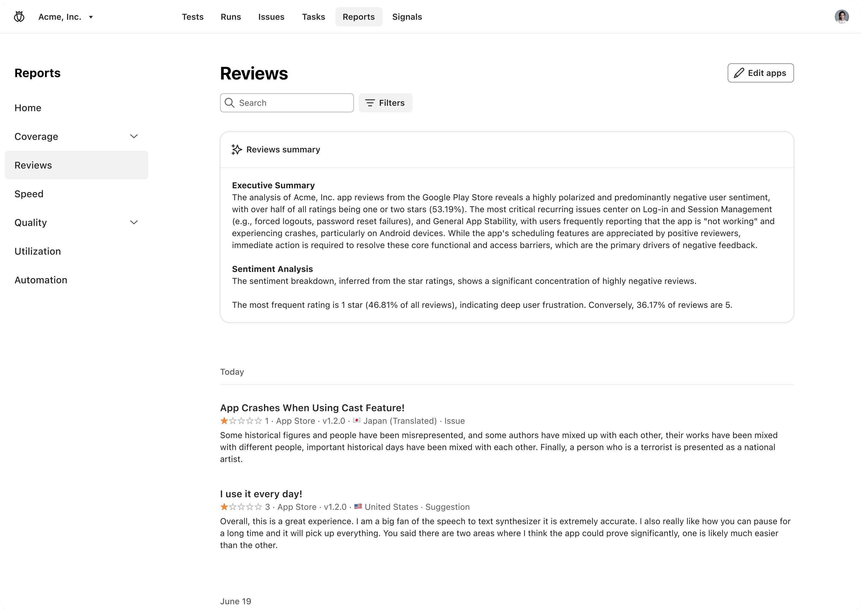 A platform still shows an Executive Summary for Acme, Inc. The summary notes highly polarized user sentiment (53.19% one or two-star ratings) and critical issues with Log-in and Session Management. Below the summary is a feed of specific app store reviews from the Google Play Store and App Store, including a 1-star review titled