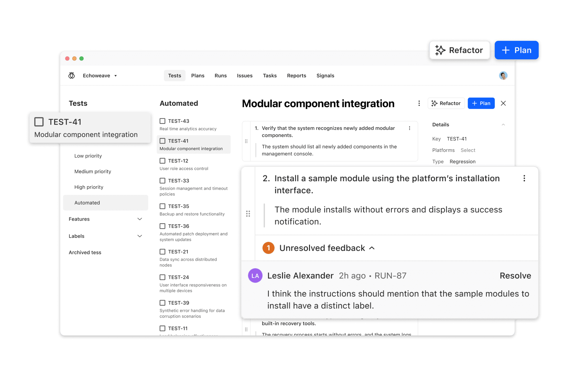 A still of the Testlio platform displays various test runs, along with a zoomed-in image of feedback provided for completed tests. 