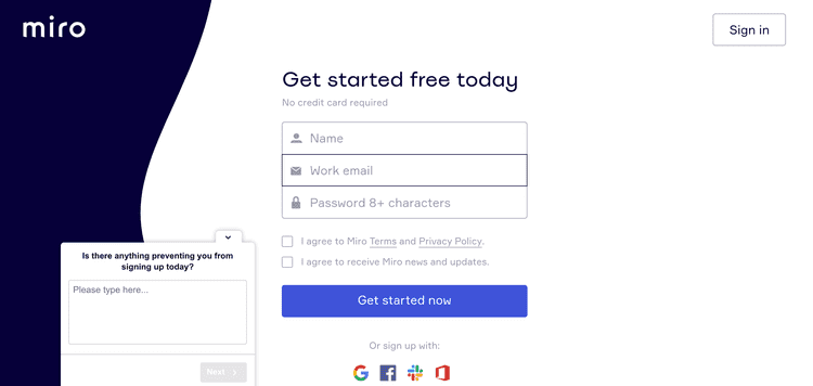 Request for customer feedback on a sign-up page