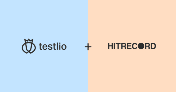 A black Testlio logo on a blue background sits to the left of a black HitRecord logo on an orange background to show how Testlio helped HitRecord launch a new product with exceptional user experience
