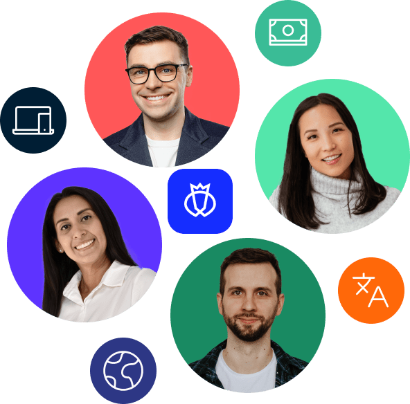 The illustration shows four smiling individuals, surrounded by icons, including devices, currencies, and languages. In the center is Testlio's logo.