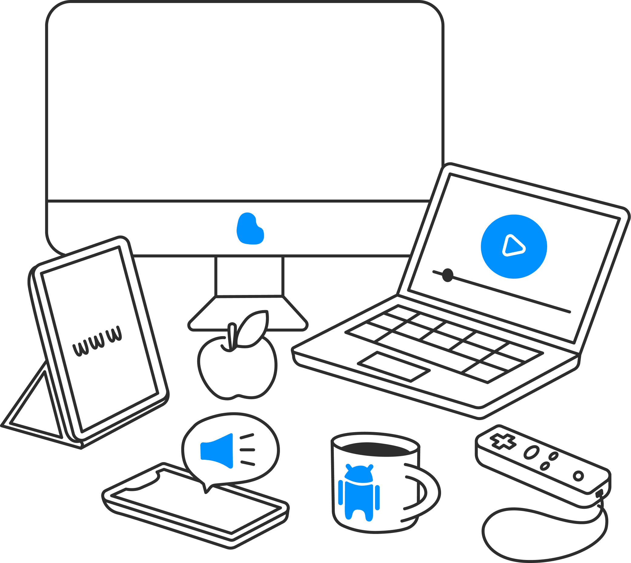 Illustration shows various devices like a tablet, a PC, a laptop, a phone and a TV remote. 