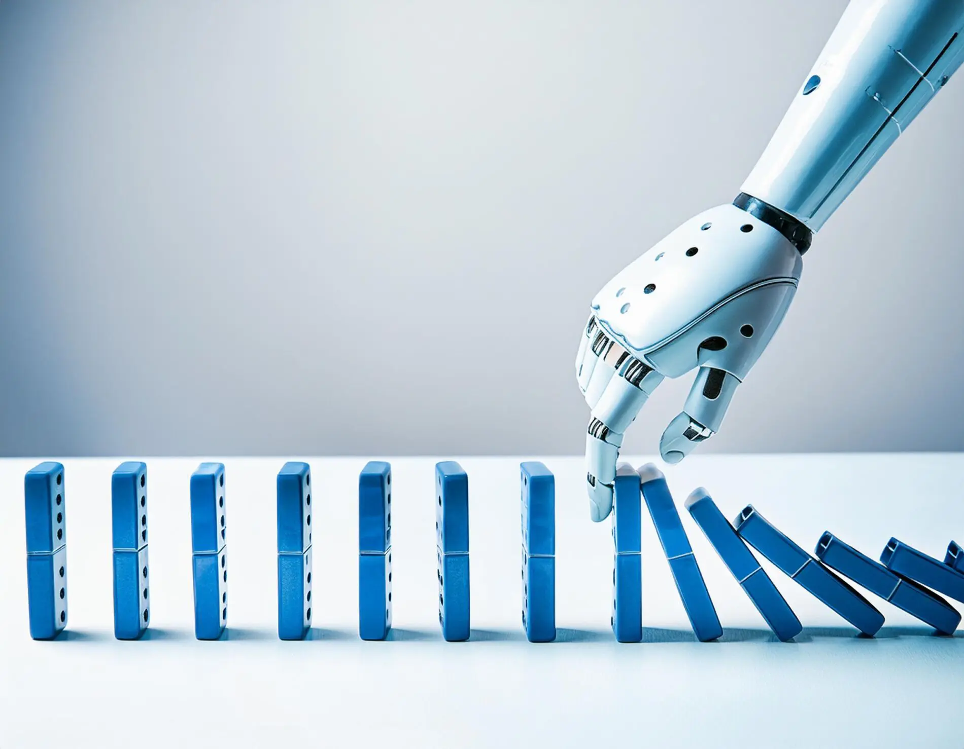 Shows a robot hand pushing blue dominos resulting in the domino effect. 