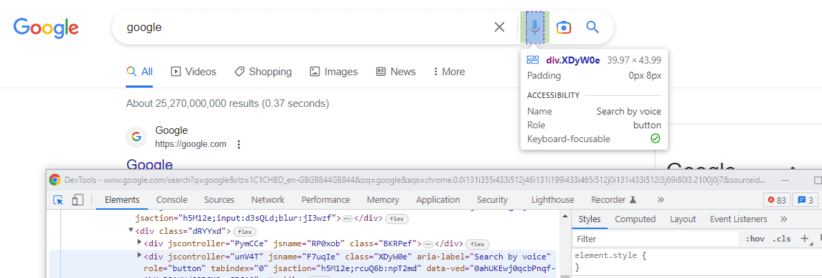 Chrome dev tool: The Select Tool on the far top left of the DevTools is highlighted as selected, and the mouse is hovering over a button of the web page behind it. Beneath it is a box showing the accessibility traits of the button.