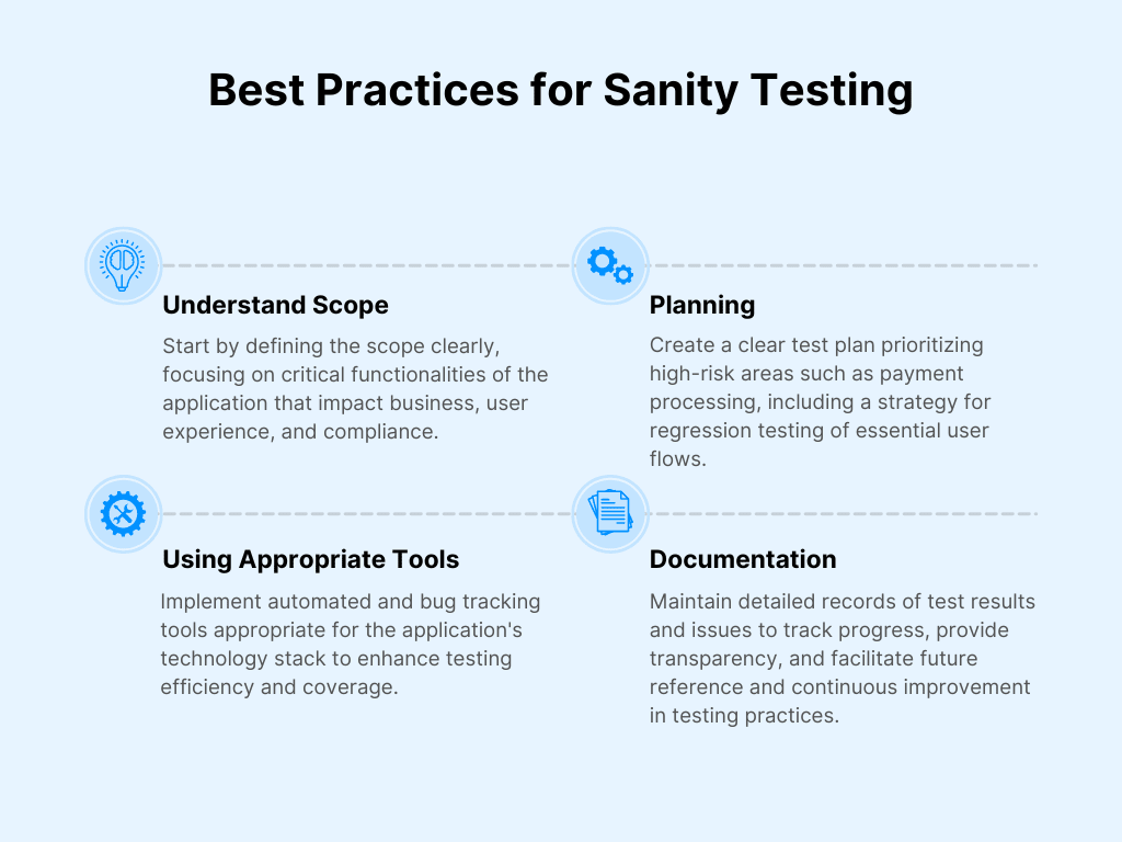 Understanding the Scope
Sanity testing begins with a clear understanding of the scope. This involves identifying the critical functionalities of the application that need testing. For instance, in an e-commerce website, the checkout process could be a key functionality. 
It’s important to focus on these critical areas, considering factors like business impact, user experience, and regulatory compliance. However, it’s equally important to avoid scope creep and stick to the essential features to maintain efficiency.
Planning
Once the scope is defined, a clear sanity test plan should be crafted. This plan outlines the testing objectives, the functionalities to be tested, and the testing approach. It should be concise, focused on the main functionalities, and flexible enough to accommodate any changes in the application. 
The planning stage also involves prioritizing test cases based on risk, with high-risk areas such as payment processing or security features being tested first. Additionally, focus should be placed on regression testing of critical user flows or scenarios, which cover the most common interactions and are crucial for ensuring overall system stability.
Using Appropriate Tools
Appropriate tools can improve the efficiency of sanity testing. Automated testing tools can execute repetitive tasks, freeing time for more complex tests. Bug tracking tools can manage and track any issues during testing, while test management tools can organize and manage the testing process. 
It’s important to choose automation tools that align with your application’s technology stack, such as Selenium, JUnit, or Cypress for web applications and Appium for mobile apps. Automated smoke tests that cover basic functionality can be created and run after each build to identify regressions quickly.
Documentation
Documentation plays a crucial role in sanity testing. It involves maintaining a test log or using a test management tool to record test results and documenting any minor issues found during the test. 
This helps track progress, ensure transparency, and provide a record of the testing for future reference or to understand the project's history.
Conclusion
Both sanity and smoke testing serve unique purposes and are used at different stages of the process to ensure the quality and functionality of the software. While sanity testing is used to check specific functionalities after minor changes, smoke testing is performed to verify the basic functionality of the entire system after a new build or release.
When it comes to ensuring the quality of your software, having a reliable partner can make all the difference. Testlio is a leading QA software testing company that can help you navigate the complexities of sanity and smoke testing. With their expertise, you can ensure that your software meets the highest quality and functionality standards. 
Best practices for sanity testing