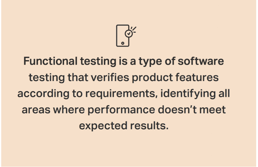 Definition of functional testing. Functional testing is a type of software that verifies product features according to requirements, identifying all areas where performance doesn't meet expected results.