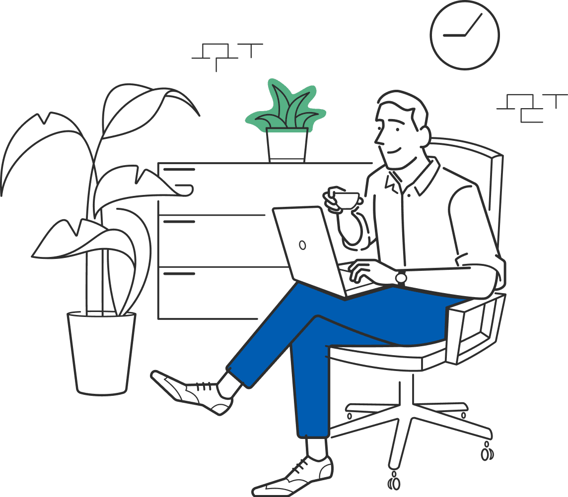 Illustration of a man sitting in an office chair, coffee in one hand and a laptop on his crossed legs.