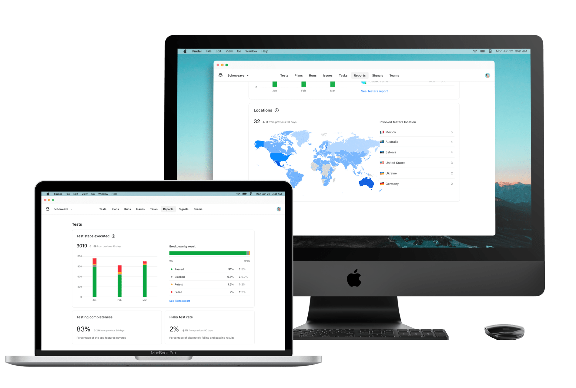 A few stills of Testlio's platform that shows regions where testing is happening on a computer monitor in the back and test results on a laptop in the front