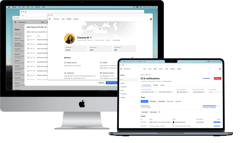 Testlio's platform on a MacBook and a monitor shows Tester ratings and run information.