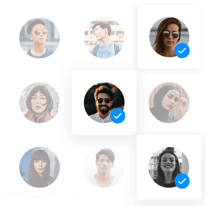 Grid of nine circular profile photos featuring diverse individuals, with three images marked by blue checkmarks indicating vetted selection into the Testlio community.
