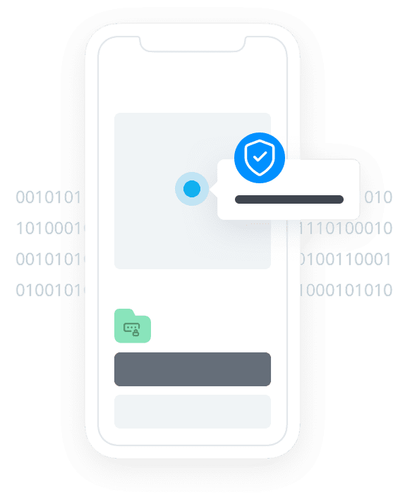 Illustration of a smartphone interface with abstract UI elements suggesting security and data transfer. A blue shield icon with a checkmark indicates protection or verification, while a green folder with a connection symbol below implies file or network access. Binary code surrounds the phone, reinforcing themes of data, encryption, or secure digital interactions.