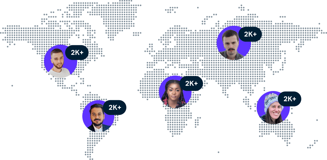 A world map shows happy individuals in different parts of the world, representing Testlio's global community. 