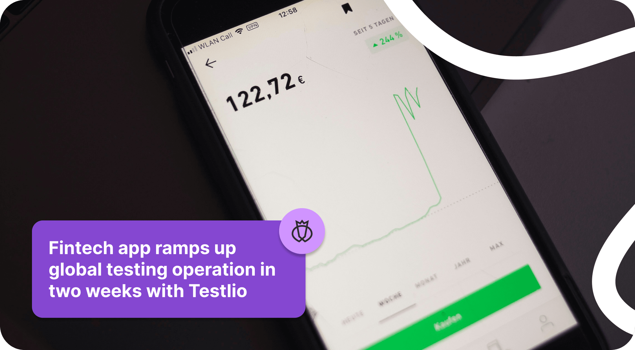 Testimonial graphic stating 'Fintech app ramps up global testing operation in two weeks with Testlio,' overlaid on an image of a financial app interface