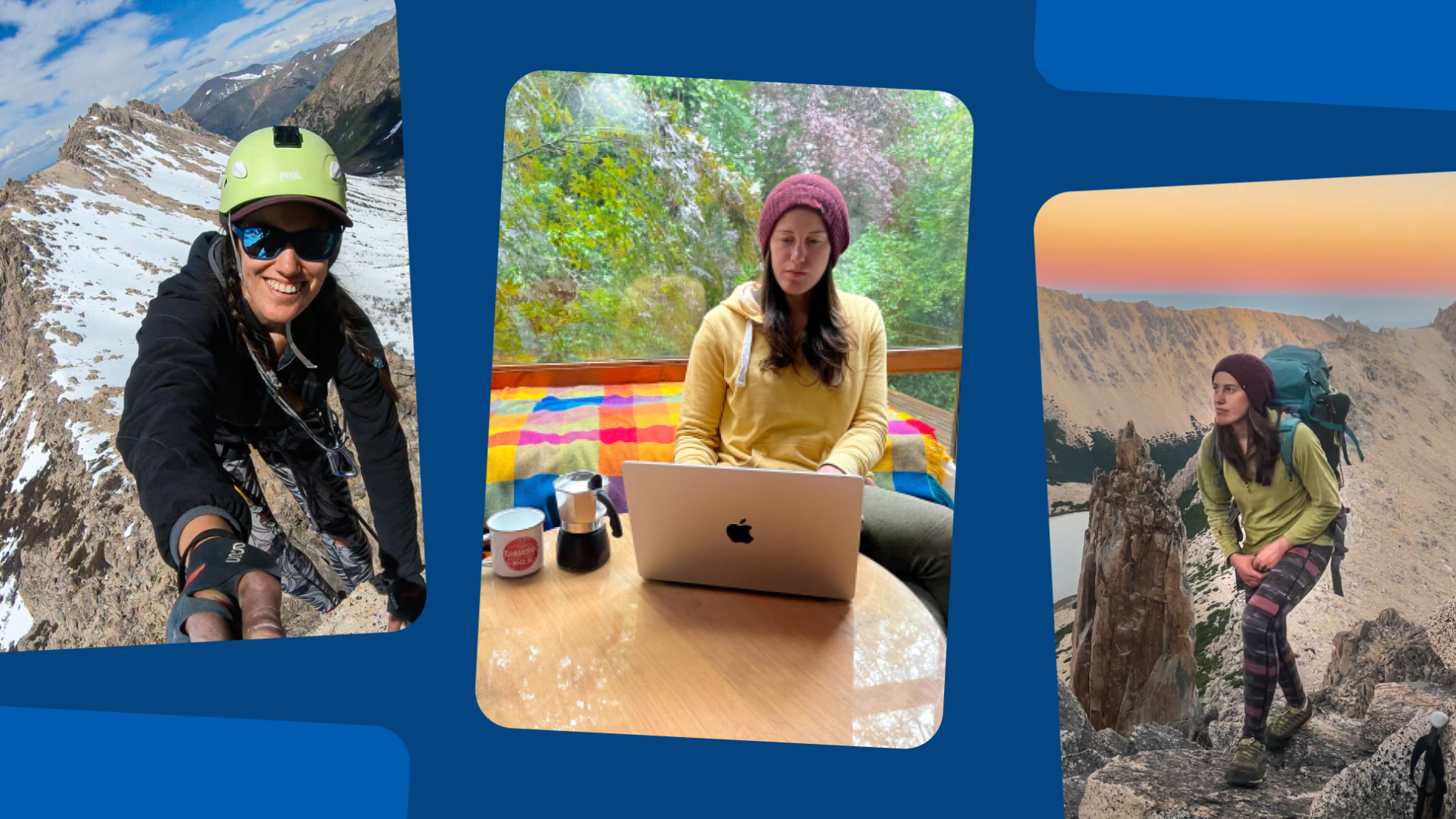 A collage of three pictures: 1. Delfina climbing a mountain with sunglasses and light green helmet on, mountains in the background; 2. Delfina sitting by the table looking thoughtfully at the laptop, a mocha pot and a cup are right next to it on the table; 3. Delfina hiking in the mountains with her backpack on, the mountains are in the background with a sunrise sky.